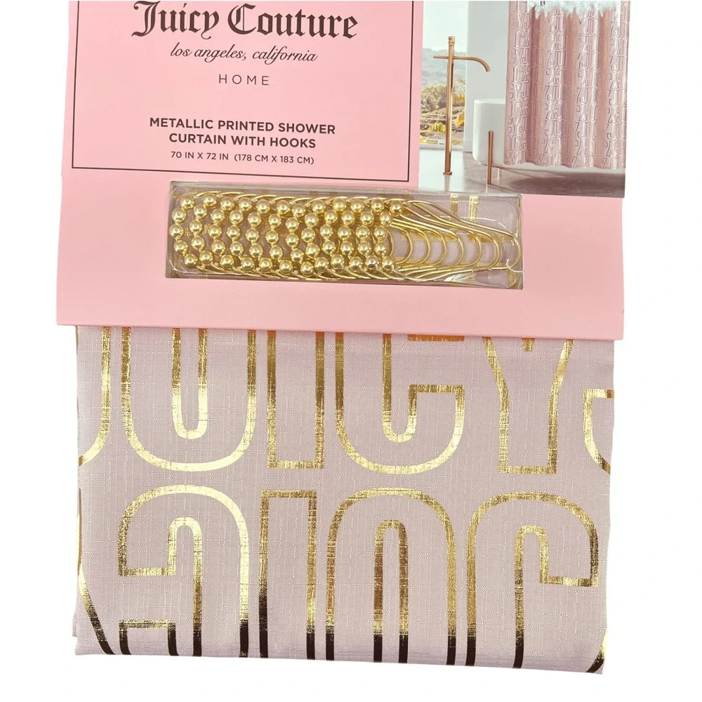 Juicy Couture Metallic Bold Logo‎ Shower Curtain Home 70x72 Pink Gold Hooks NEW